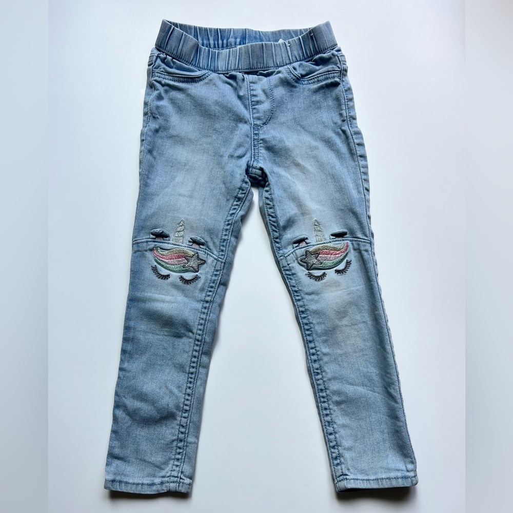 H&M denim jeggings with unicorns on the knees. Size 3T